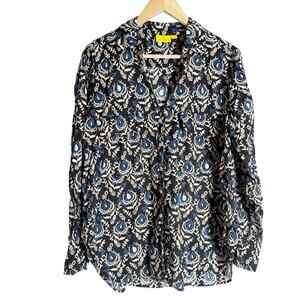 Roller Rabbit Black Floral Print Long Sleeve Cotton Button Up Too Size Large